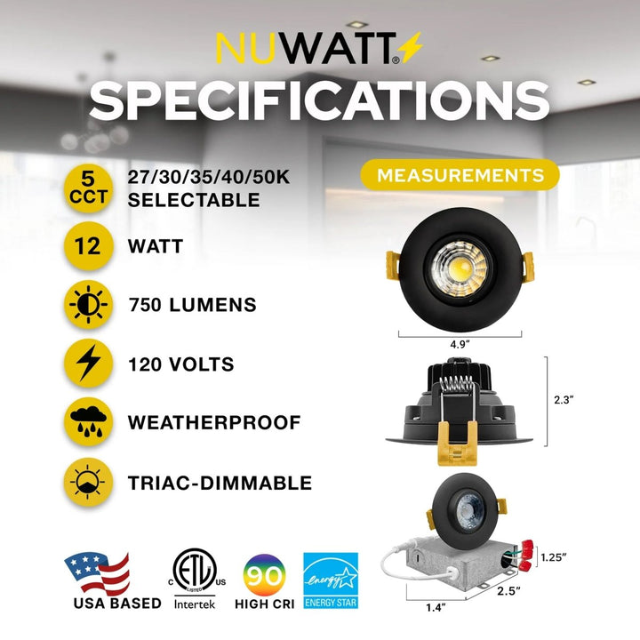 4" Inch Black Gimbal Recessed Light for Sloped Ceiling Canless LED Lighting - Damp Rated - 5CCT 2700K-5000K - 750LM