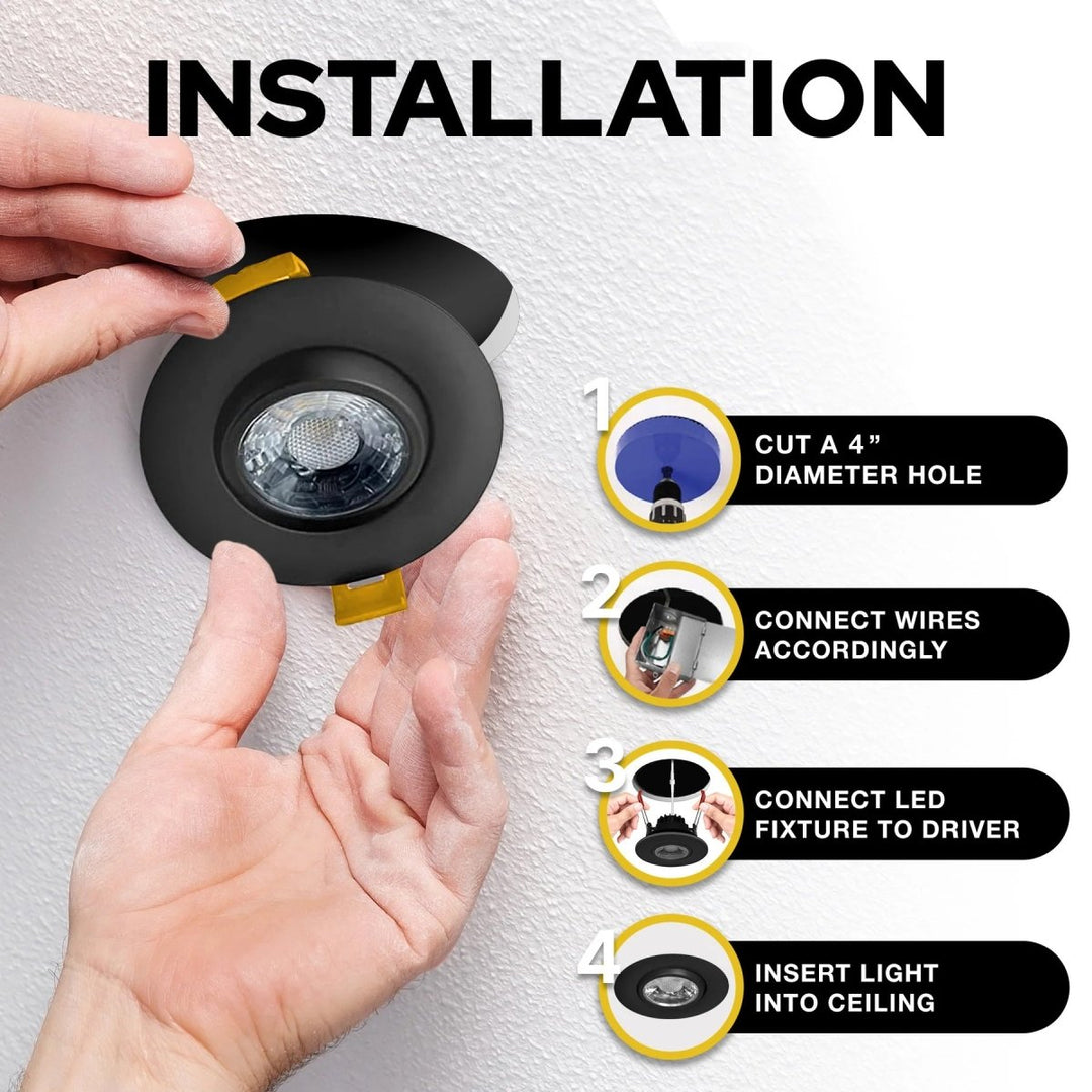 4" Inch Black Gimbal Recessed Light for Sloped Ceiling Canless LED Lighting - Damp Rated - 5CCT 2700K-5000K - 750LM