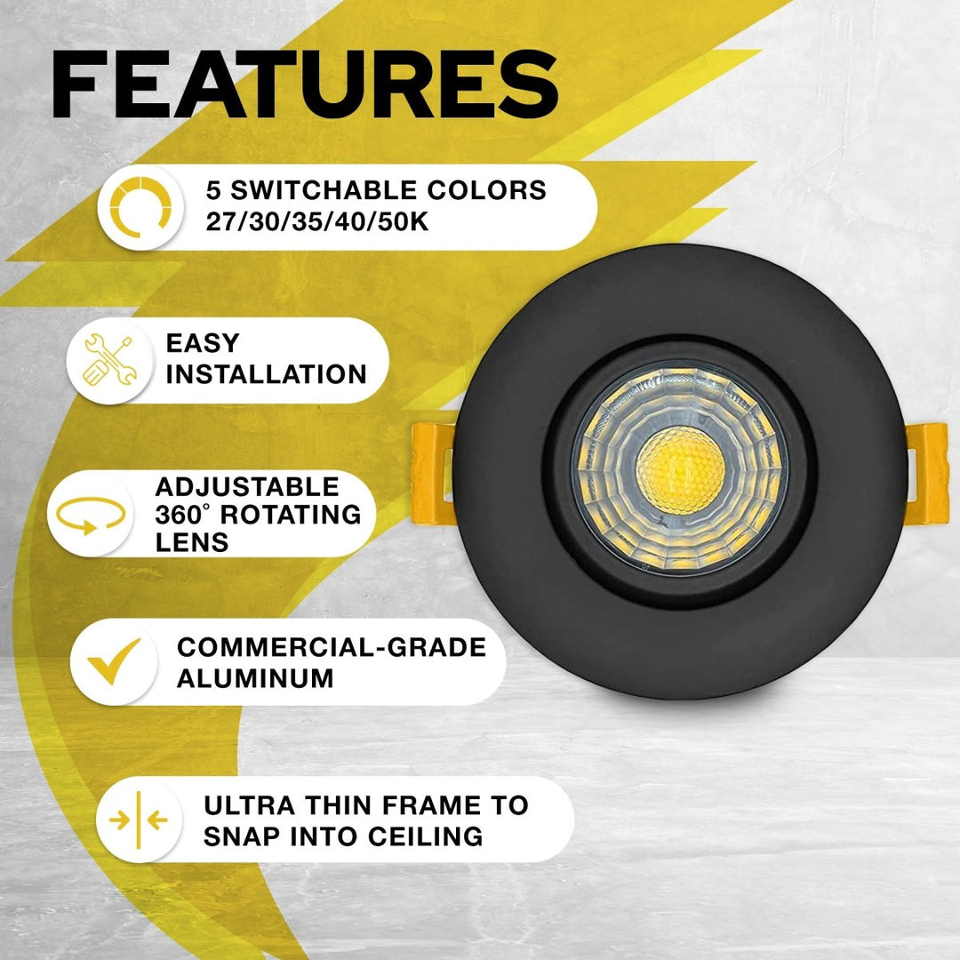 4" Inch Black Gimbal Recessed Light for Sloped Ceiling Canless LED Lighting - Damp Rated - 5CCT 2700K-5000K - 750LM