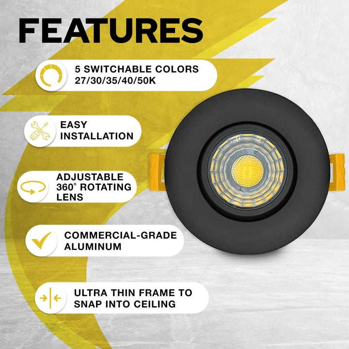 4" Inch Black Gimbal Recessed Light for Sloped Ceiling Canless LED Lighting - Damp Rated - 5CCT 2700K-5000K - 750LM