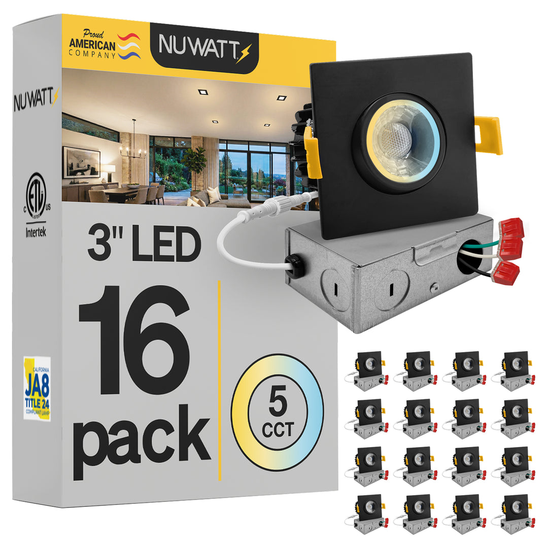3" Inch Square Black Gimbal Recessed Light for Sloped Ceiling Canless LED Lighting - Wet Rated - 5CCT 2700K-5000K - 600LM