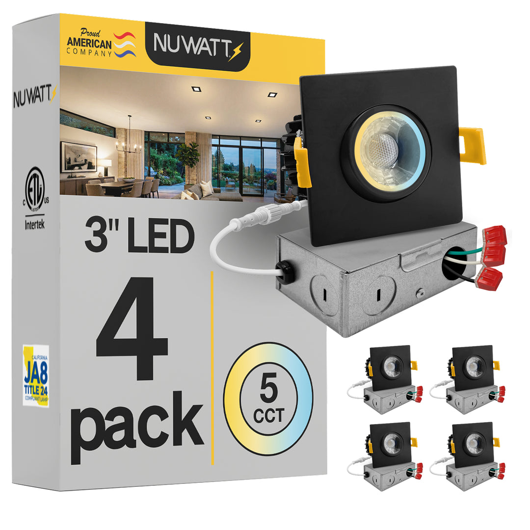 3" Inch Square Black Gimbal Recessed Light for Sloped Ceiling Canless LED Lighting - Wet Rated - 5CCT 2700K-5000K - 600LM