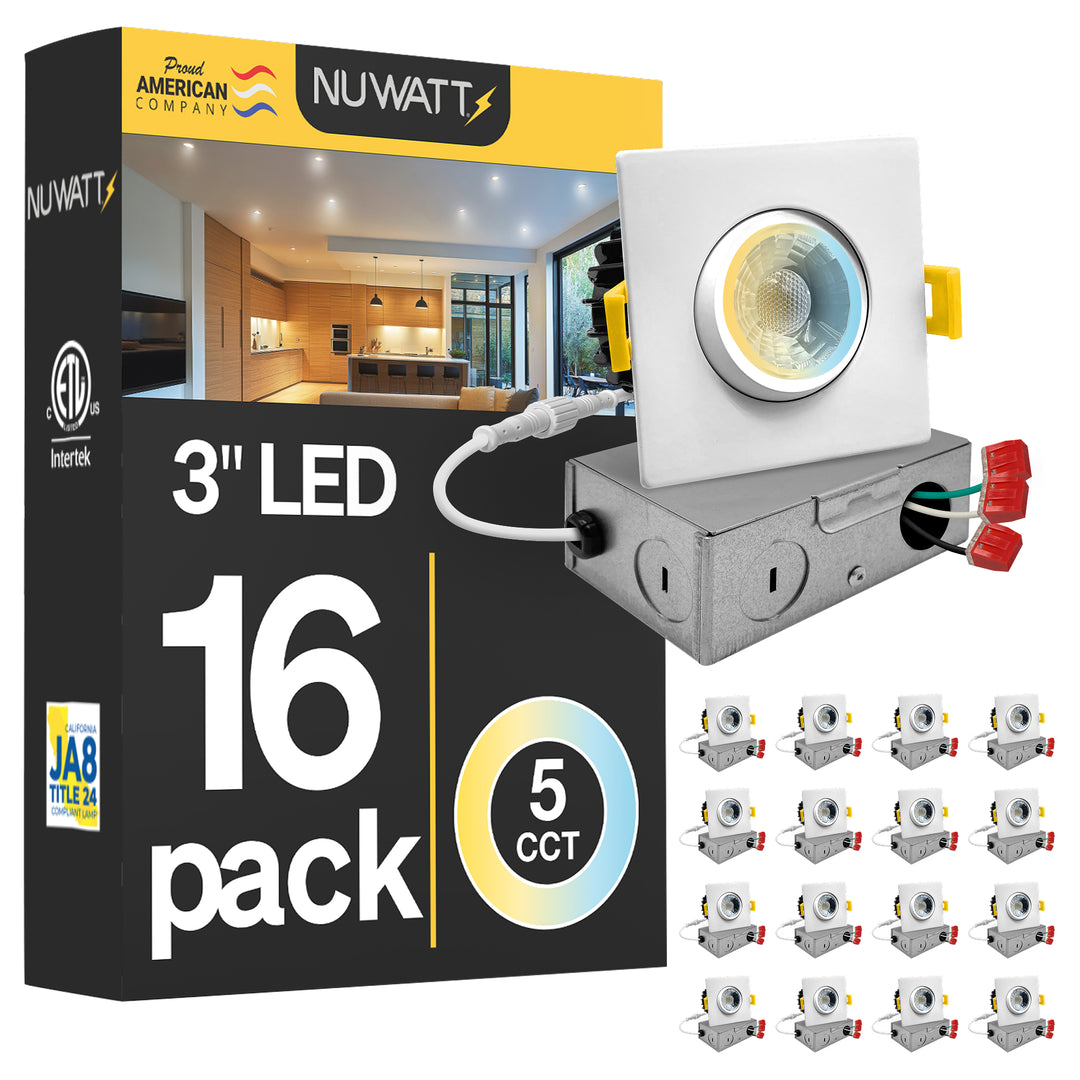 3" Inch Square Gimbal Recessed Light for Sloped Ceiling Canless LED Lighting - Wet Rated - 5CCT 2700K-5000K - 600LM