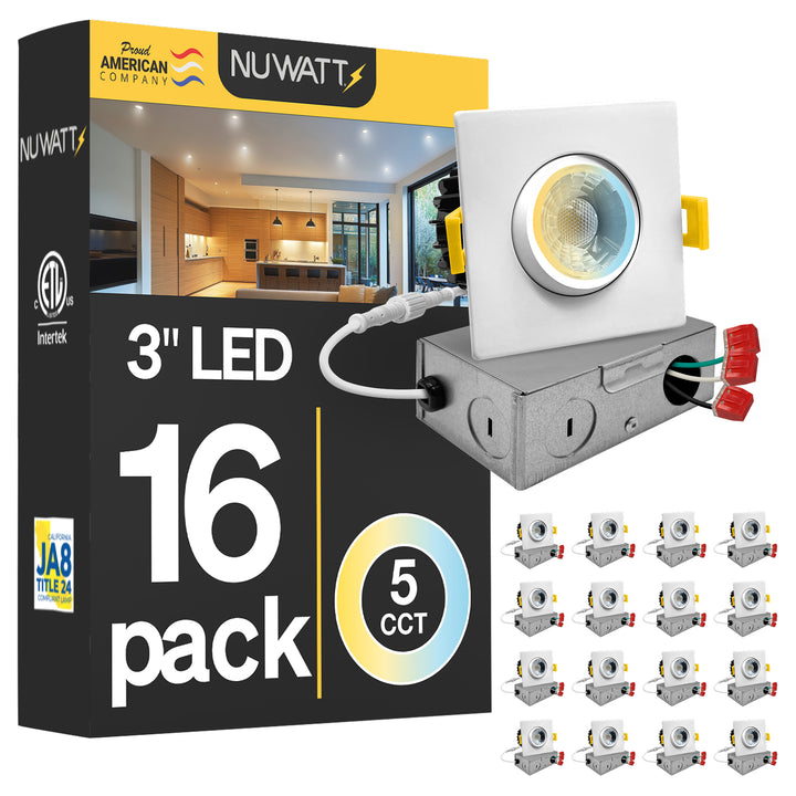 3" Inch Square Gimbal Recessed Light for Sloped Ceiling Canless LED Lighting - Wet Rated - 5CCT 2700K-5000K - 600LM