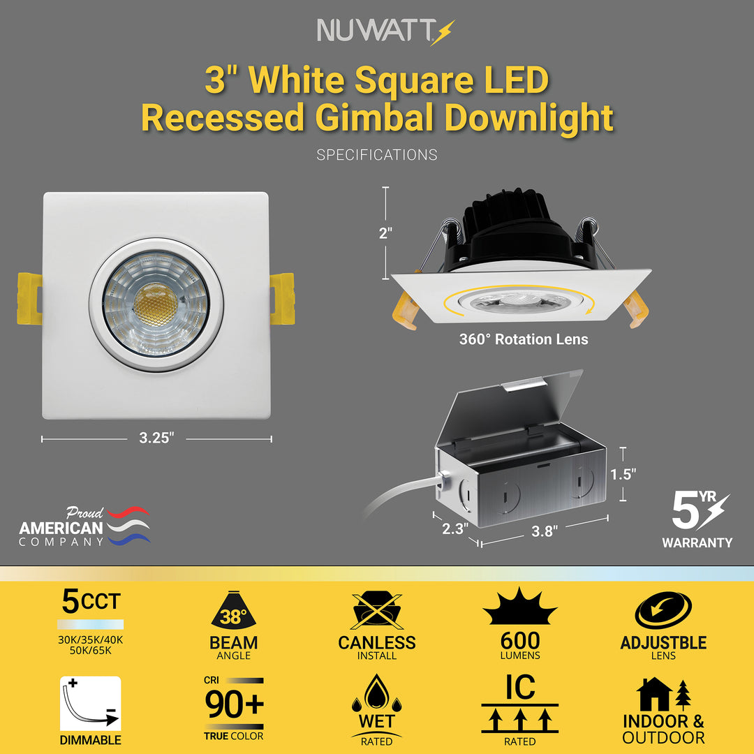 3" Inch Square Gimbal Recessed Light for Sloped Ceiling Canless LED Lighting - Wet Rated - 5CCT 2700K-5000K - 600LM