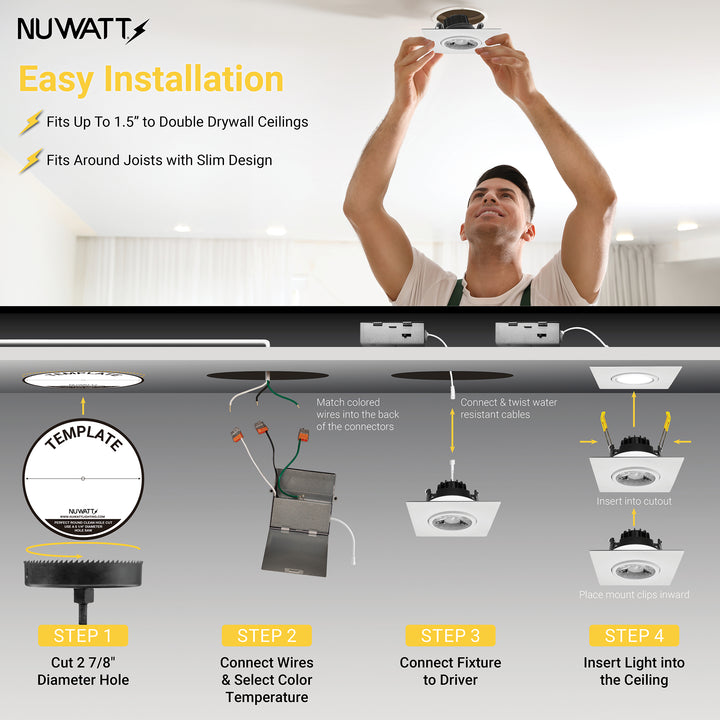 3" Inch Square Gimbal Recessed Light for Sloped Ceiling Canless LED Lighting - Wet Rated - 5CCT 2700K-5000K - 600LM