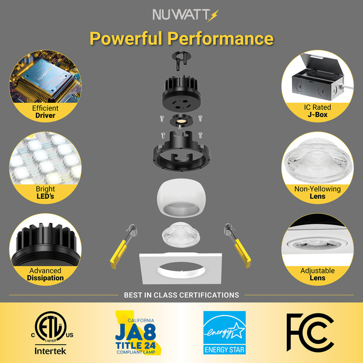 3" Inch Square Gimbal Recessed Light for Sloped Ceiling Canless LED Lighting - Wet Rated - 5CCT 2700K-5000K - 600LM