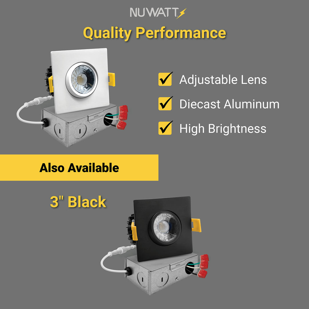 3" Inch Square Gimbal Recessed Light for Sloped Ceiling Canless LED Lighting - Wet Rated - 5CCT 2700K-5000K - 600LM