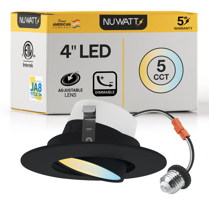 4 Inch Black LED Gimbal Recessed Lighting for Sloped Ceilings - 5CCT 2700-5000K - 750LM - CRI 90 Adjustable Can Light - 10W - Wet Rated - Aluminum Housing