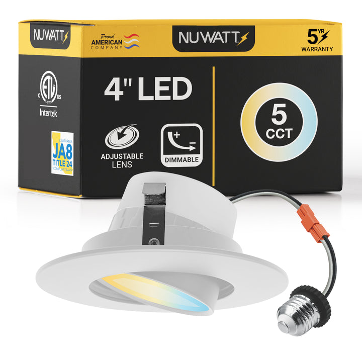 4 Inch LED Gimbal Recessed Lighting for Sloped Ceilings - 5CCT 2700-5000K - 750LM - CRI 90 Adjustable Can Lights - 10W - Wet Rated - Aluminum Housing