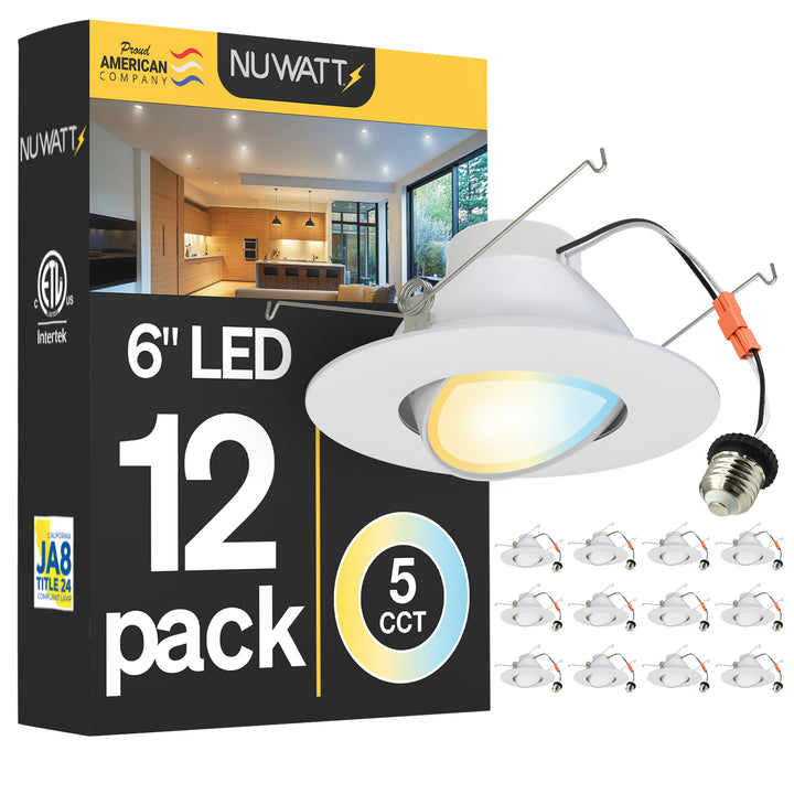 6 Inch LED Gimbal Recessed Lighting for Sloped Ceilings - 5CCT 2700-5000K - 1200LM - CRI 90 Adjustable Can Lights - 16W - Wet Rated - Aluminum Housing