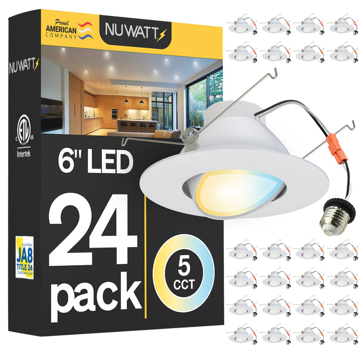 6 Inch LED Gimbal Recessed Lighting for Sloped Ceilings - 5CCT 2700-5000K - 1200LM - CRI 90 Adjustable Can Lights - 16W - Wet Rated - Aluminum Housing