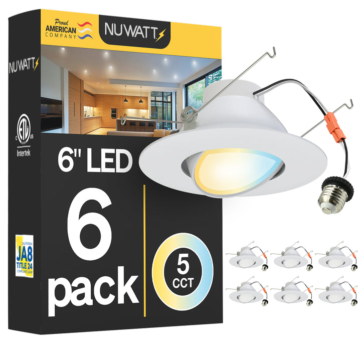 6 Inch LED Gimbal Recessed Lighting for Sloped Ceilings - 5CCT 2700-5000K - 1200LM - CRI 90 Adjustable Can Lights - 16W - Wet Rated - Aluminum Housing