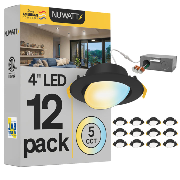 4" Inch Black Gimbal Recessed Light for Sloped Ceiling Canless LED Lighting - Damp Rated - 5CCT 2700K-5000K - 630LM