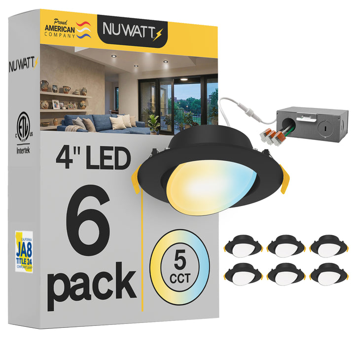 4" Inch Black Gimbal Recessed Light for Sloped Ceiling Canless LED Lighting - Damp Rated - 5CCT 2700K-5000K - 630LM