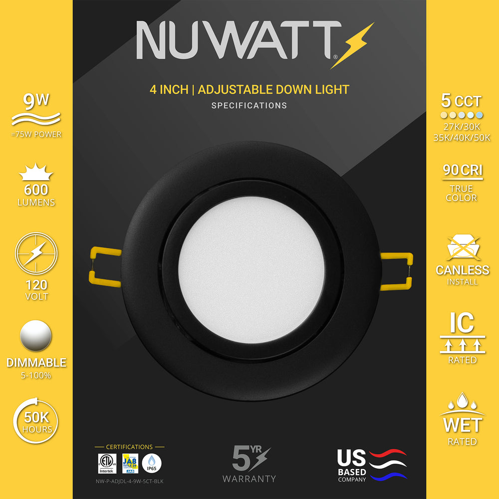 4" Inch Black Adjustable Round Slim Recessed LED Ceiling Lights - 5 Kelvin Temperatures (5CCT) - 9 Watts - 600 Lumens - Dimmable | Adjustable Downlights | Nuwatt Lighting