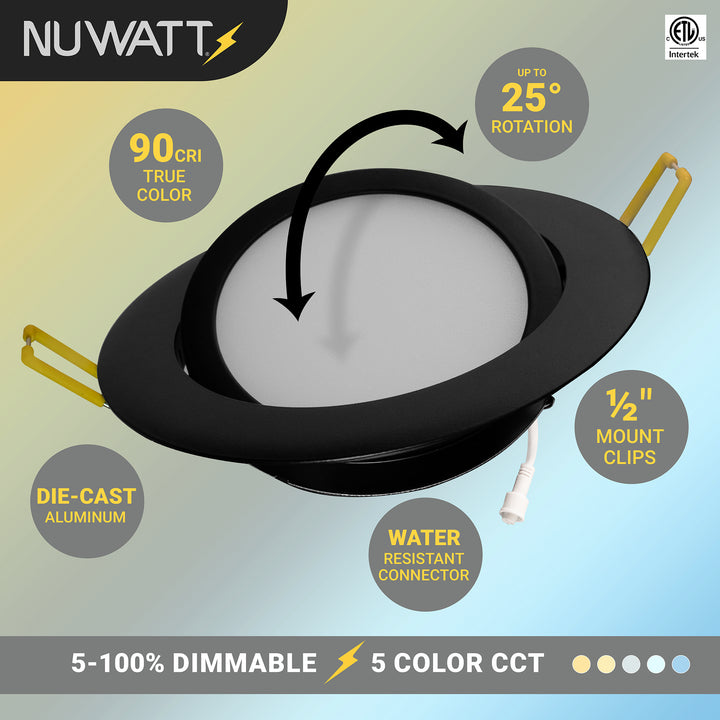 4" Inch Black Adjustable Round Slim Recessed LED Ceiling Lights - 5 Kelvin Temperatures (5CCT) - 9 Watts - 600 Lumens - Dimmable | Adjustable Downlights | Nuwatt Lighting