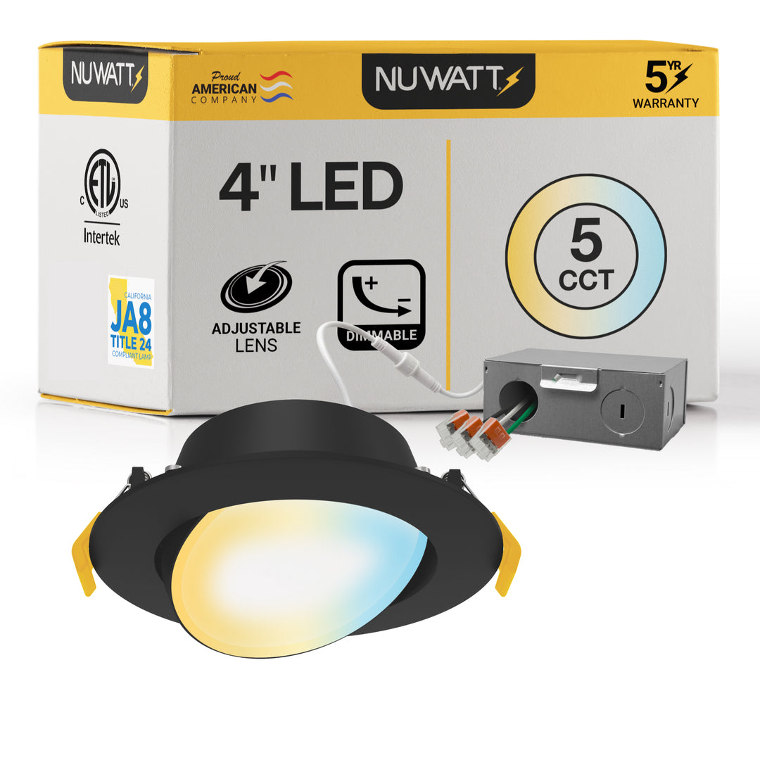 4" Inch Black Gimbal Recessed Light for Sloped Ceiling Canless LED Lighting - Damp Rated - 5CCT 2700K-5000K - 630LM