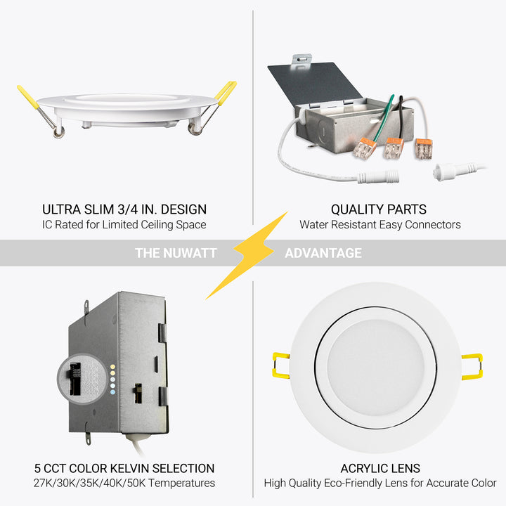 4" Inch White Adjustable Slim Recessed LED Ceiling Light - 5 Kelvin Temperatures (5CCT) - 9 Watt - Dimmable - 600 Lumens | Adjustable Downlights | Nuwatt Lighting