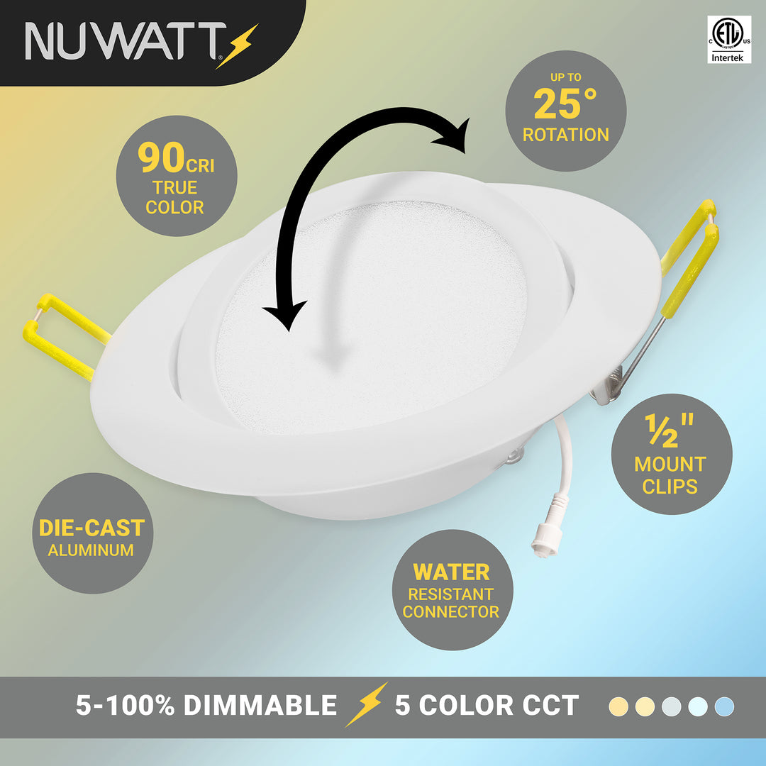 4" Inch White Adjustable Slim Recessed LED Ceiling Light - 5 Kelvin Temperatures (5CCT) - 9 Watt - Dimmable - 600 Lumens | Adjustable Downlights | Nuwatt Lighting