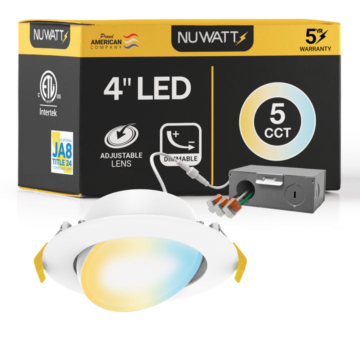 4" Inch Gimbal Recessed Light for Sloped Ceiling Canless LED Lighting - Damp Rated - 5CCT 2700K-5000K - 630LM