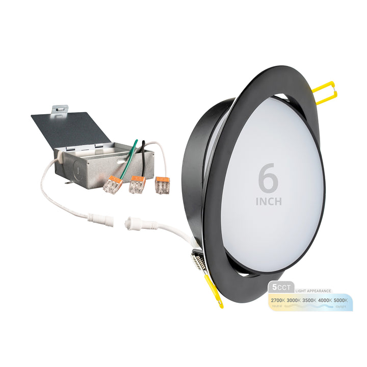 6" Inch Black Adjustable Round Slim Recessed LED Ceiling Light - 5 Kelvin Temperatures (5CCT) - 12 Watt - 900 Lumens - Dimmable | Adjustable Downlights | Nuwatt Lighting