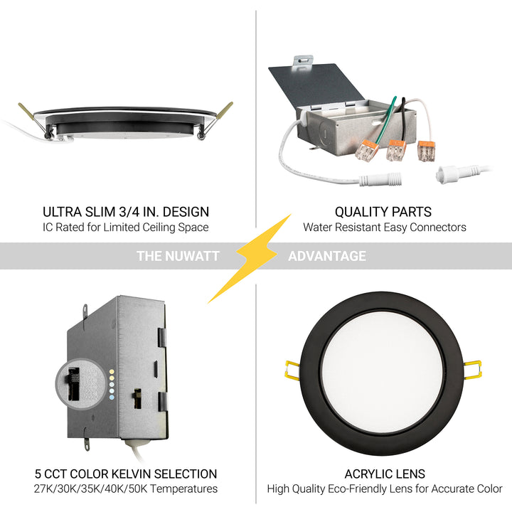 6" Inch Black Adjustable Round Slim Recessed LED Ceiling Light - 5 Kelvin Temperatures (5CCT) - 12 Watt - 900 Lumens - Dimmable | Adjustable Downlights | Nuwatt Lighting
