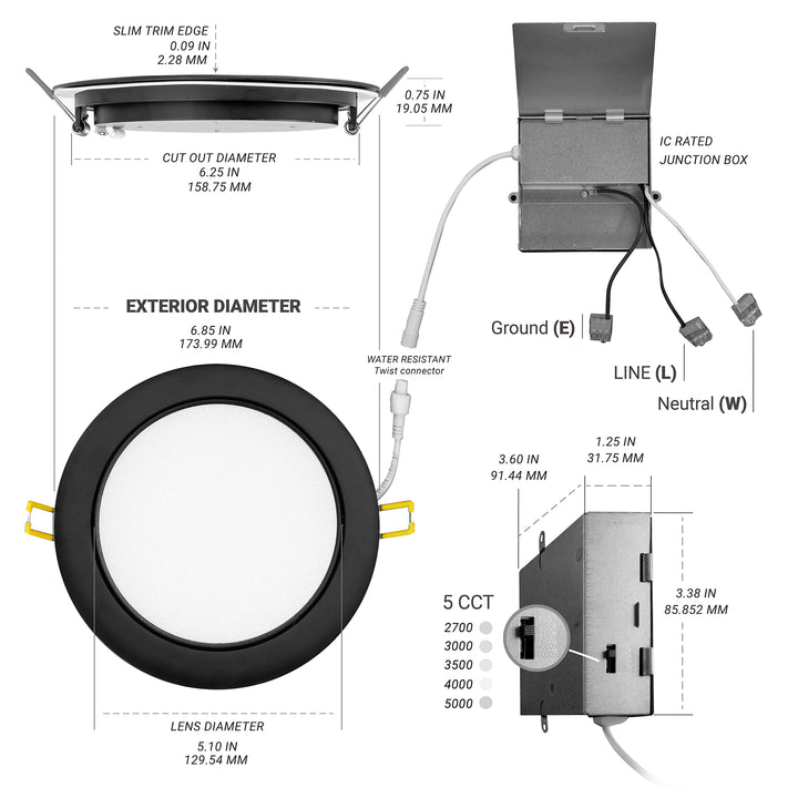 6" Inch Black Adjustable Round Slim Recessed LED Ceiling Light - 5 Kelvin Temperatures (5CCT) - 12 Watt - 900 Lumens - Dimmable | Adjustable Downlights | Nuwatt Lighting