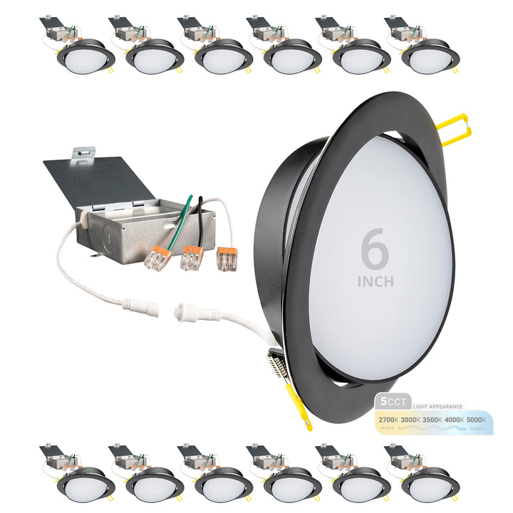 6" Inch Black Adjustable Round Slim Recessed LED Ceiling Light - 5 Kelvin Temperatures (5CCT) - 12 Watt - 900 Lumens - Dimmable | Adjustable Downlights | Nuwatt Lighting