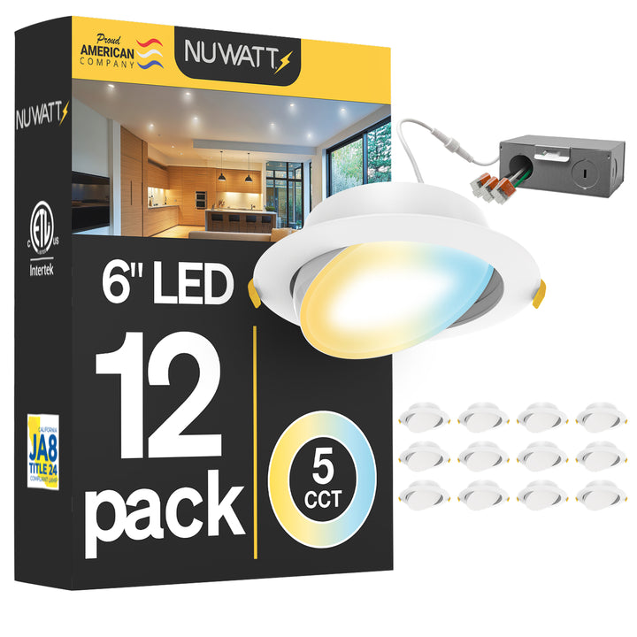 6" Inch Gimbal Recessed Light for Sloped Ceiling Canless LED Lighting - Damp Rated - 5CCT 2700K-5000K - 1200LM - 12W