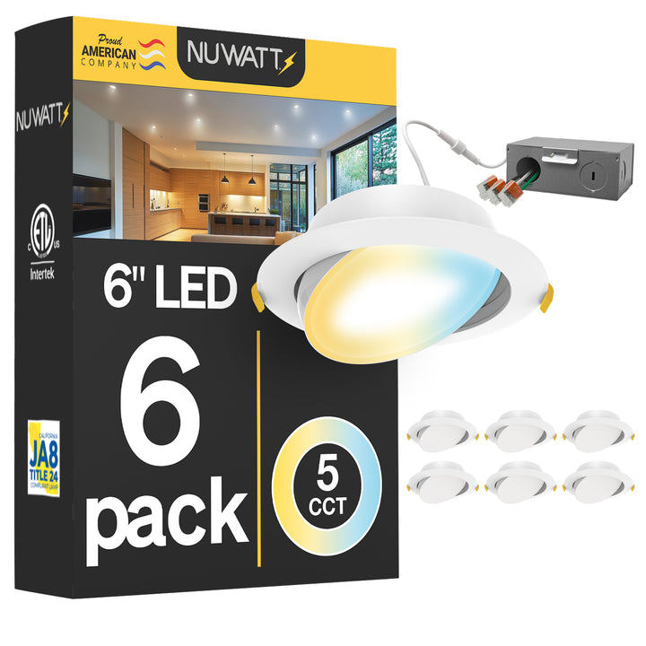 6" Inch Gimbal Recessed Light for Sloped Ceiling Canless LED Lighting - Damp Rated - 5CCT 2700K-5000K - 1200LM - 12W