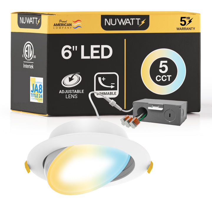 6" Inch Gimbal Recessed Light for Sloped Ceiling Canless LED Lighting - Damp Rated - 5CCT 2700K-5000K - 1200LM - 12W