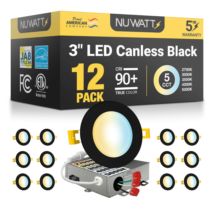 3 Inch LED Canless Recessed Lighting With Black Trim - Dimmable 550 Lumen - 5CCT 2700K-5000K - Airtight, Wet & IC Rated Wafer Light - Energy Star Certified