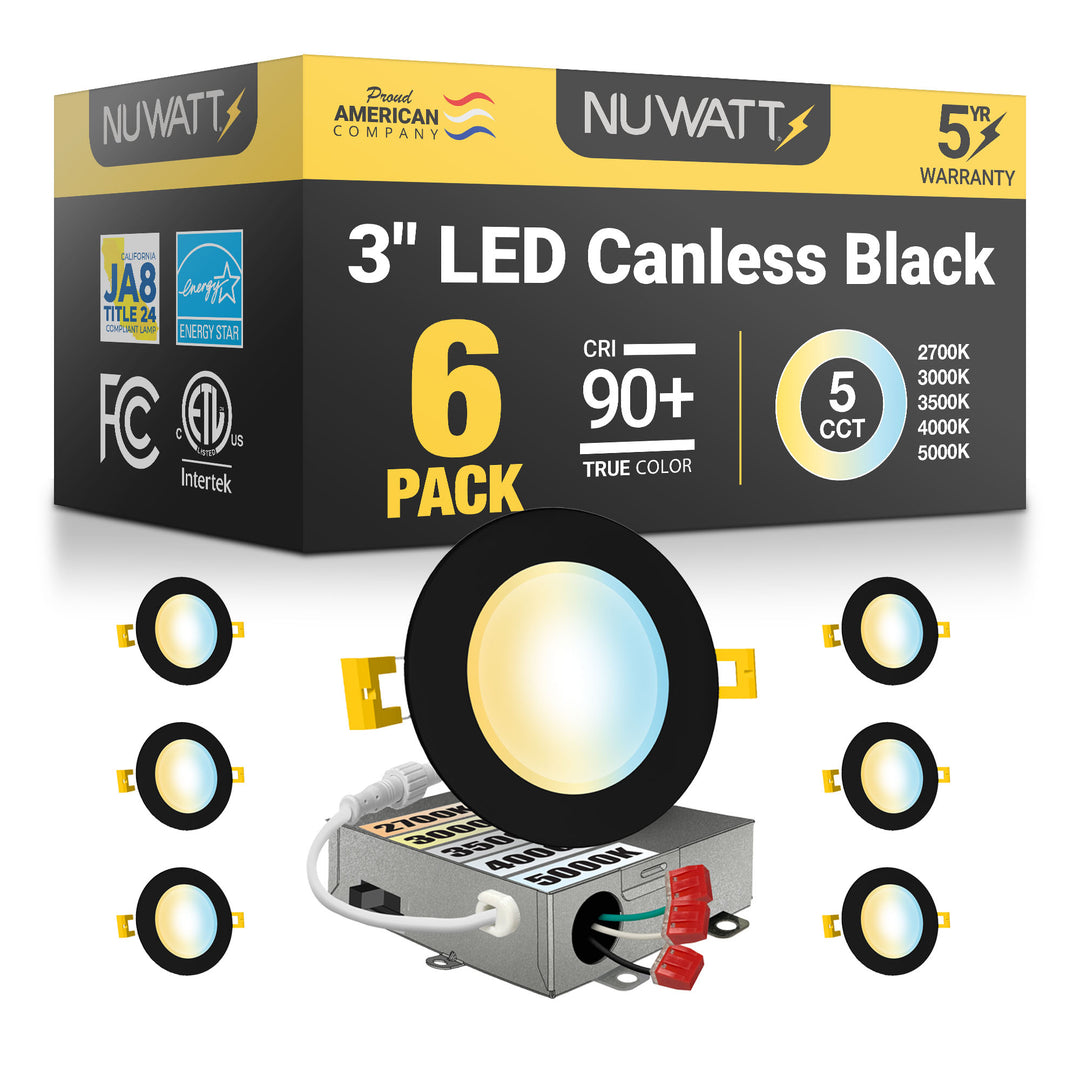 3 Inch LED Canless Recessed Lighting With Black Trim - Dimmable 550 Lumen - 5CCT 2700K-5000K - Airtight, Wet & IC Rated Wafer Light - Energy Star Certified