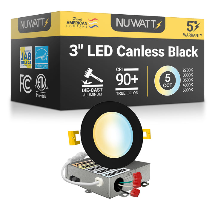 3 Inch LED Canless Recessed Lighting With Black Trim - Dimmable 550 Lumen - 5CCT 2700K-5000K - Airtight, Wet & IC Rated Wafer Light - Energy Star Certified
