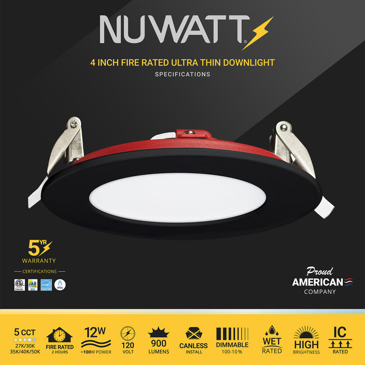 4" Inch 2 HOUR FIRE RATED Ultra-Thin Black Trim LED Recessed Light - Selectable 2700K/3000K/3500K/4000K/5000K - 900 Lumens - Dimmable - IC Rated - Canless LED Downlight - No Fire Cone Needed