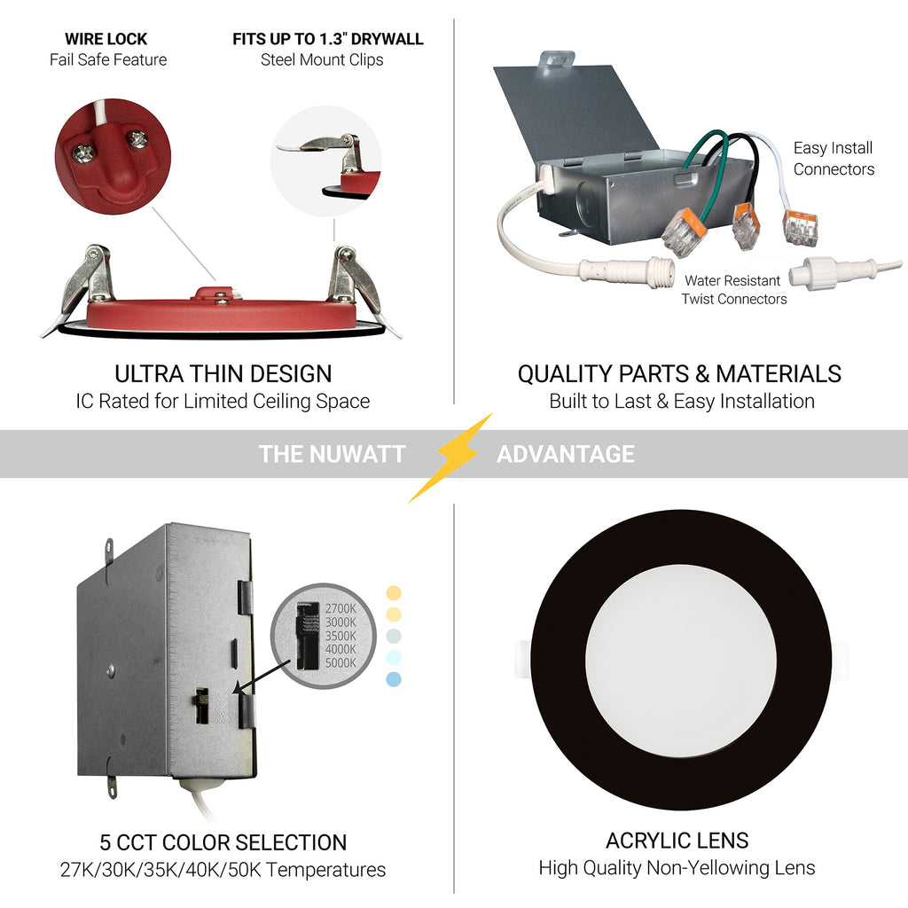 4" Inch Black 2 Hour Fire Rated Recessed Light Slim Canless LED Wafer Lights - Wet Rated - 5CCT 2700K-5000K - 900LM