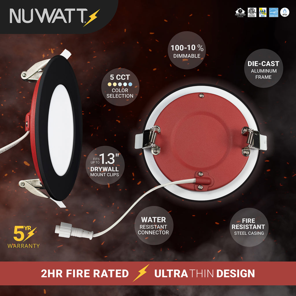 4" Inch Black 2 Hour Fire Rated Recessed Light Slim Canless LED Wafer Lights - Wet Rated - 5CCT 2700K-5000K - 900LM