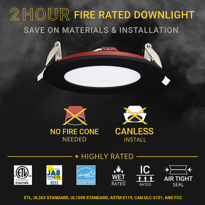 4" Inch 2 HOUR FIRE RATED Ultra-Thin Black Trim LED Recessed Light - Selectable 2700K/3000K/3500K/4000K/5000K - 900 Lumens - Dimmable - IC Rated - Canless LED Downlight - No Fire Cone Needed