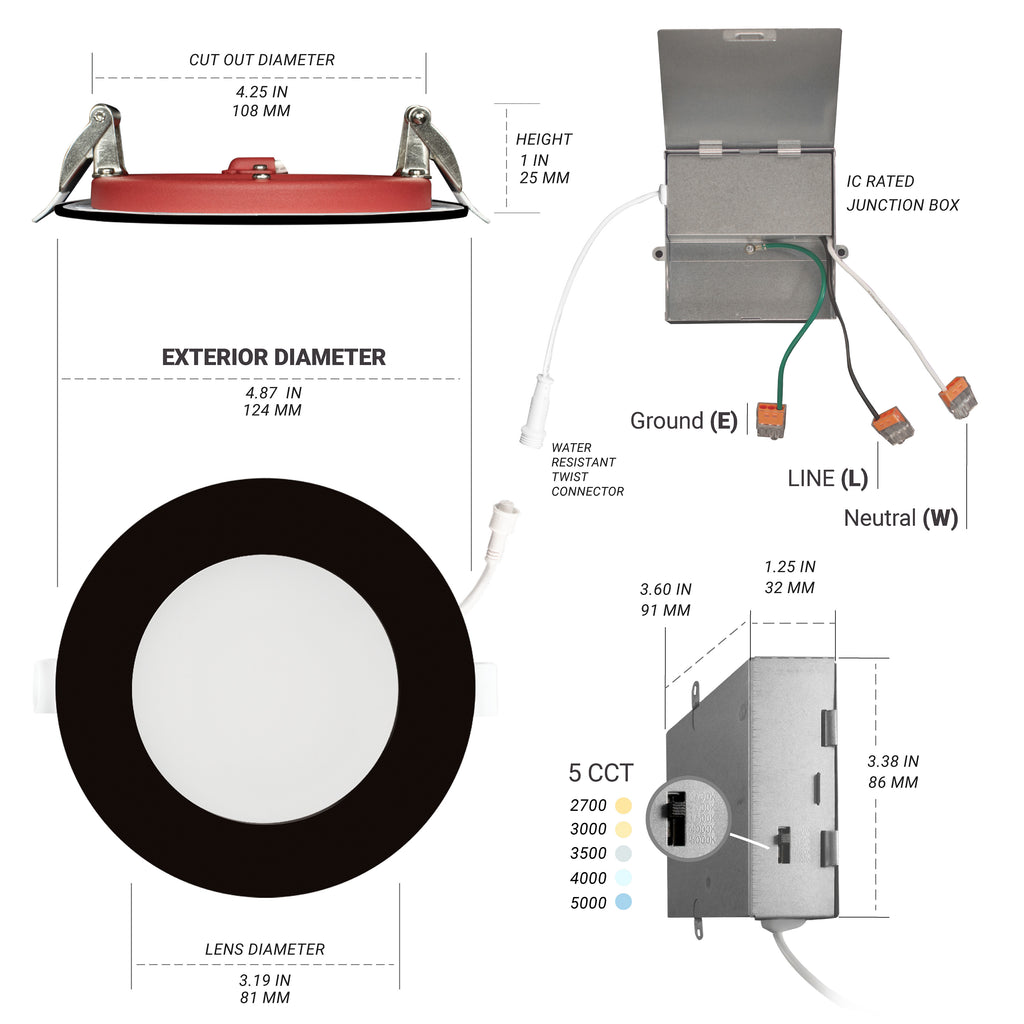 4" Inch Black 2 Hour Fire Rated Recessed Light Slim Canless LED Wafer Lights - Wet Rated - 5CCT 2700K-5000K - 900LM