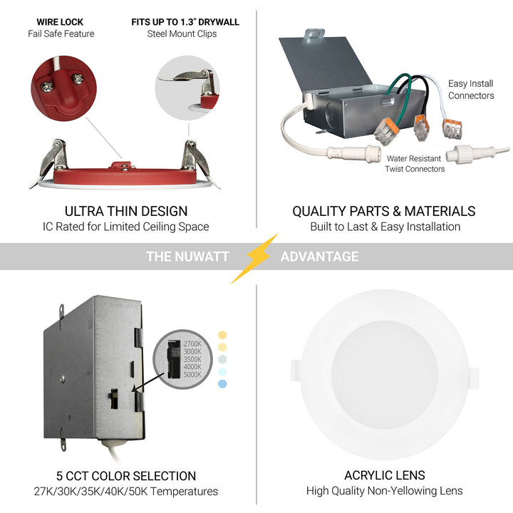 NUWATT 4 Inch 2 Hour FIRE RATED Ultra-Thin LED Recessed Light - 2700K/3000K/3500K/4000K/5000K Selectable - 900 Lumens - Dimmable - IC Rated - Wet Rated - Canless LED Downlight - No Fire Rated Cone Needed