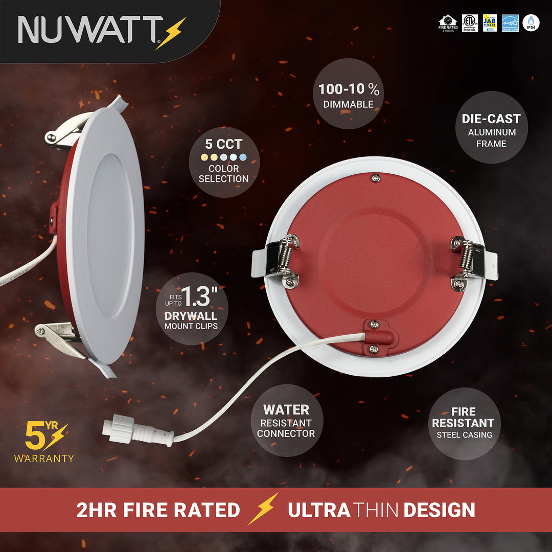 NUWATT 4 Inch 2 Hour FIRE RATED Ultra-Thin LED Recessed Light - 2700K/3000K/3500K/4000K/5000K Selectable - 900 Lumens - Dimmable - IC Rated - Wet Rated - Canless LED Downlight - No Fire Rated Cone Needed