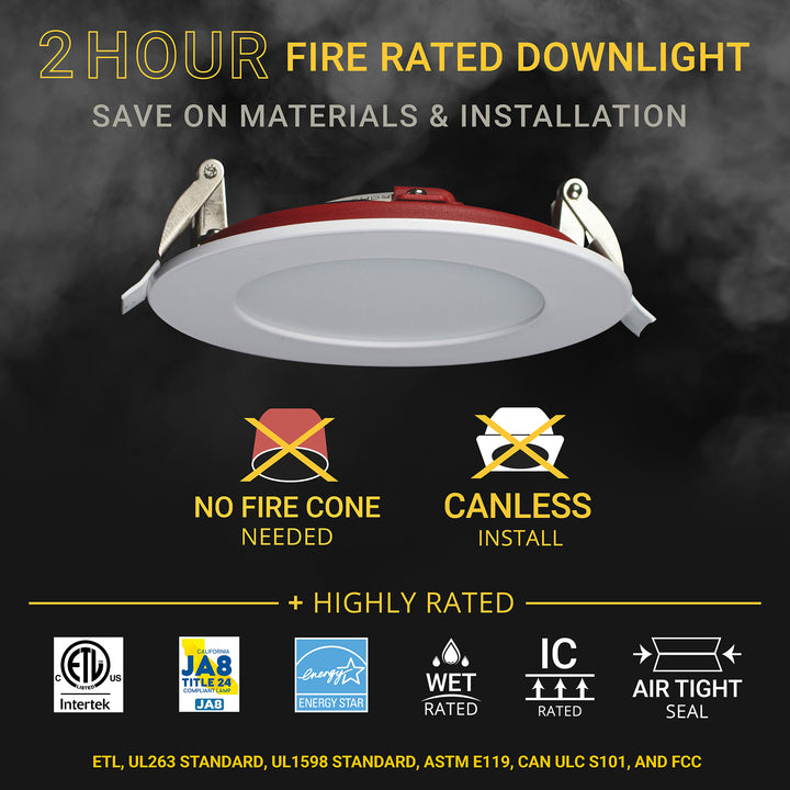 4" Inch 2 Hour Fire Rated Recessed Light Slim Canless LED Wafer Lights - Emergency Battery Back Up Installed - Wet Rated - 5CCT 2700K-5000K - 900LM