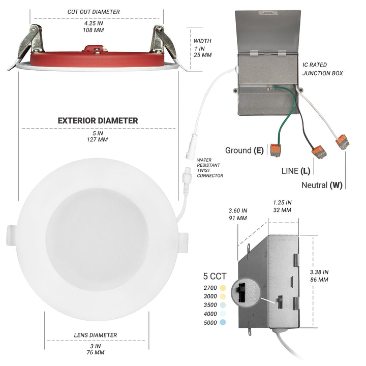 4" Inch 2 Hour Fire Rated Recessed Light Slim Canless LED Wafer Lights - Emergency Battery Back Up Installed - Wet Rated - 5CCT 2700K-5000K - 900LM