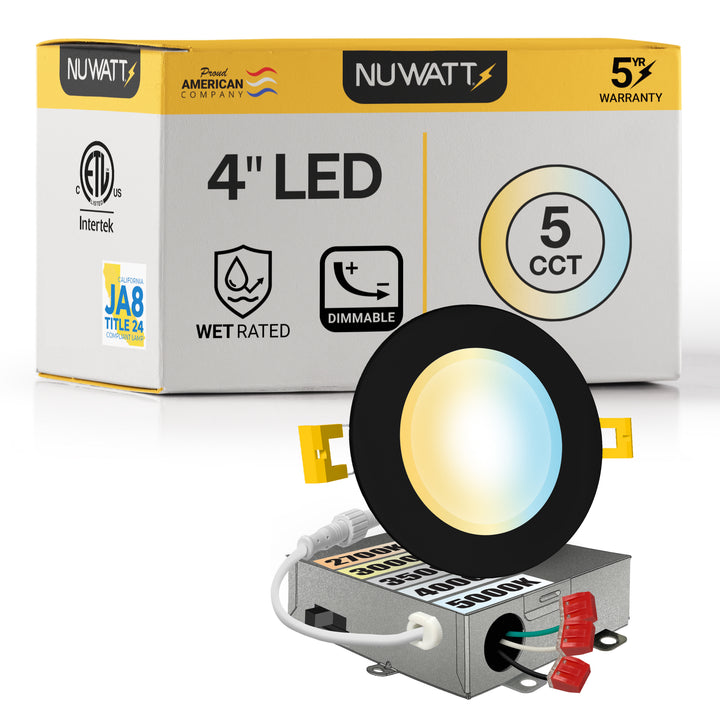 4" Inch Black Canless Recessed Lighting LED Wafer Lights - Wet Rated - 5CCT 2700K-5000K - 630LM
