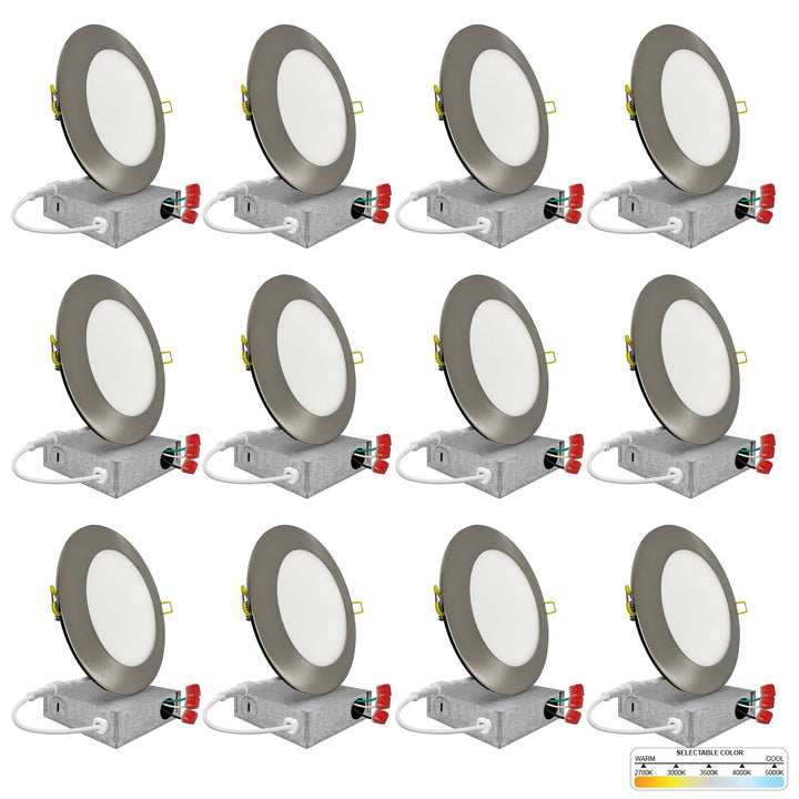6" Inch Brushed Nickel Round Slim Recessed LED Ceiling Light - 5 Kelvin Temperatures (5CCT) - 15 Watt - 1050 Lumens - Dimmable | Slim Recessed Light | Nuwatt Lighting