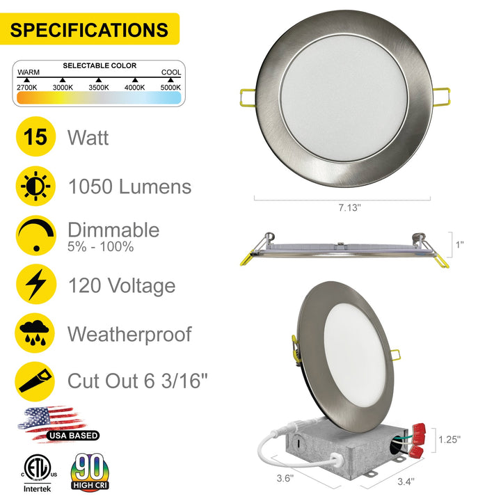 6" Inch Brushed Nickel Round Slim Recessed LED Ceiling Light - 5 Kelvin Temperatures (5CCT) - 15 Watt - 1050 Lumens - Dimmable | Slim Recessed Light | Nuwatt Lighting