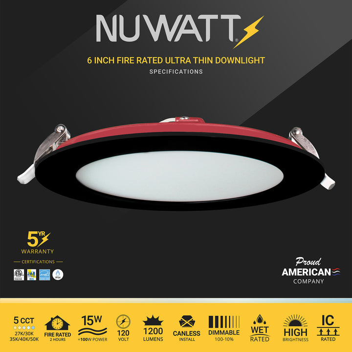 6" Inch 2 HOUR FIRE RATED Ultra-Thin Black Trim LED Recessed Light - Selectable 2700K/3000K/3500K/4000K/5000K - 1200 Lumens - Dimmable - IC Rated - Canless LED Downlight - No Fire Cone Needed