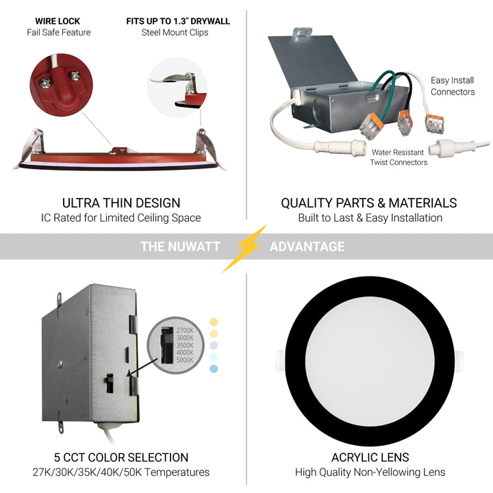 6" Inch 2 HOUR FIRE RATED Ultra-Thin Black Trim LED Recessed Light - Selectable 2700K/3000K/3500K/4000K/5000K - 1200 Lumens - Dimmable - IC Rated - Canless LED Downlight - No Fire Cone Needed