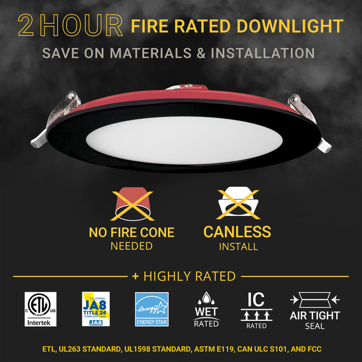 6" Inch 2 HOUR FIRE RATED Ultra-Thin Black Trim LED Recessed Light - Selectable 2700K/3000K/3500K/4000K/5000K - 1200 Lumens - Dimmable - IC Rated - Canless LED Downlight - No Fire Cone Needed